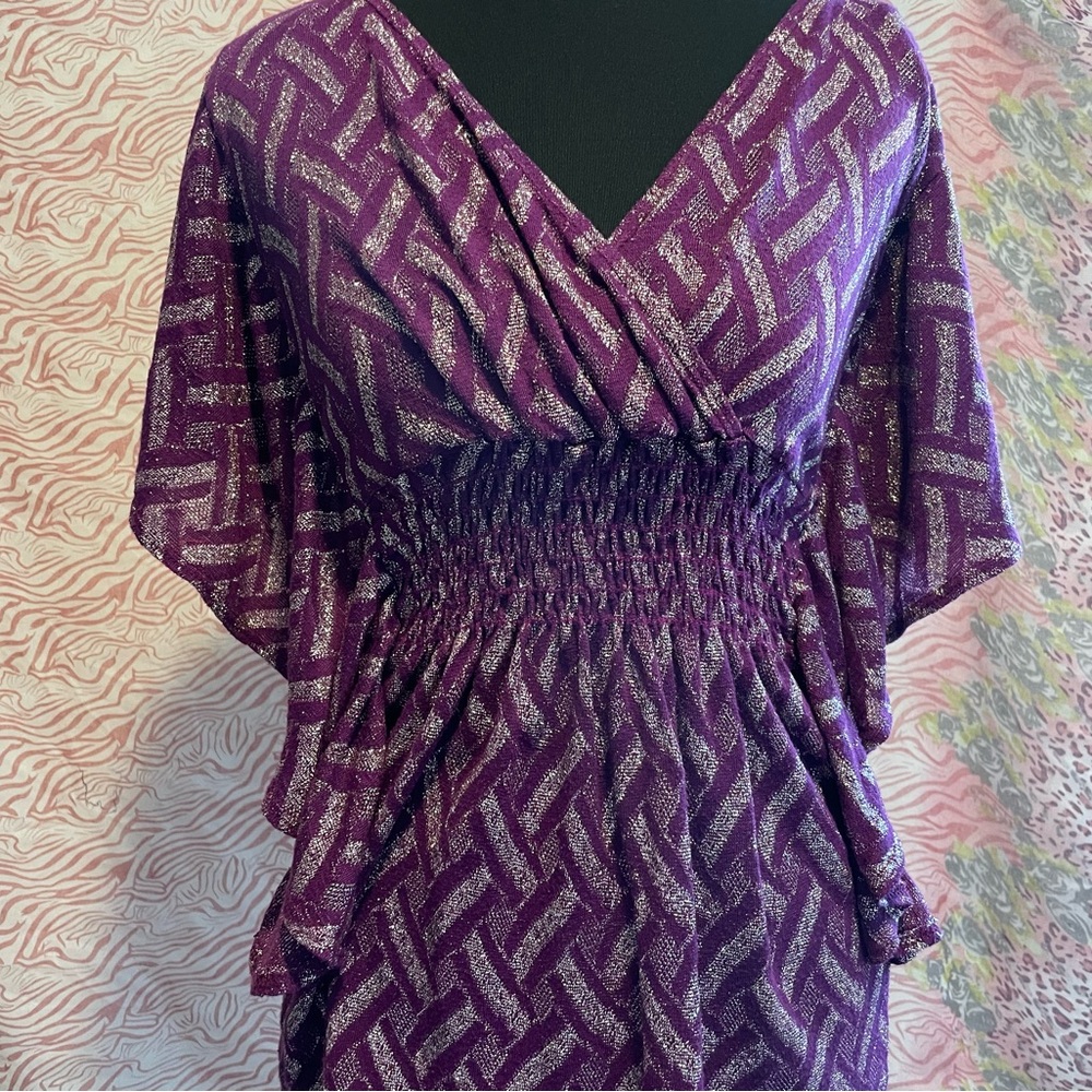 Y2K Purple Metallic Patterned V-Neck Women's Top